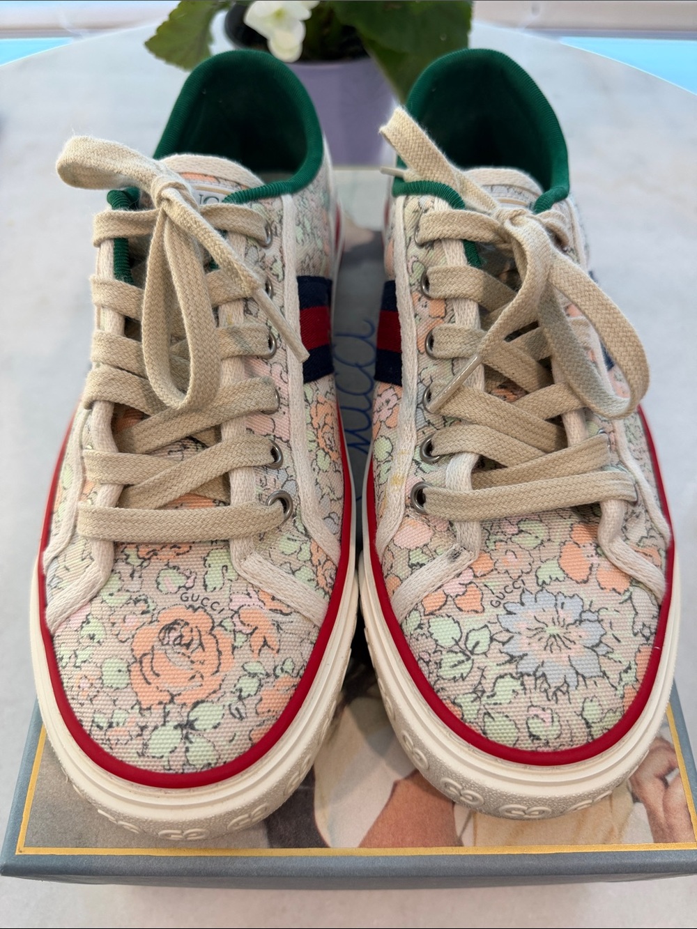 Gucci Floral Canvas Slip-On Sneakers - Peach, Mint & Red Trim Fit 8-8.5